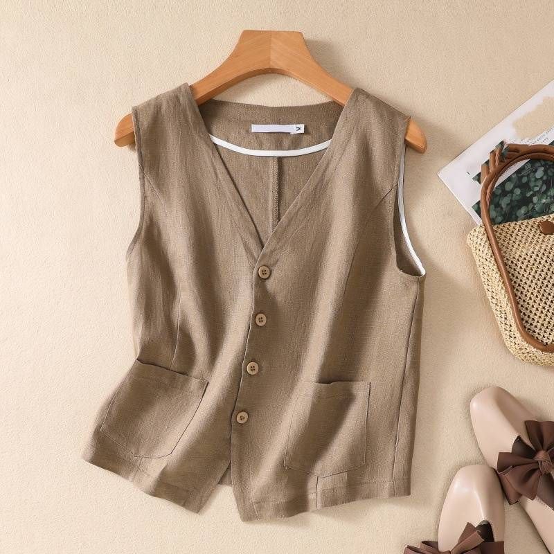 Women's Clothing new fashion short cotton and linen vest single layer vest retro casual ladies sleeveless cardigan top_maomaolike.com