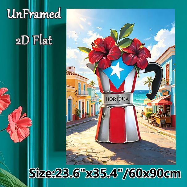 Puerto Rican Themed Painting Poster, Vibrant Tropical Moka Pot With Hibiscus & Coastal Town Poster, Cultural Decorative Piece Suitable For Café_maomaolike.com