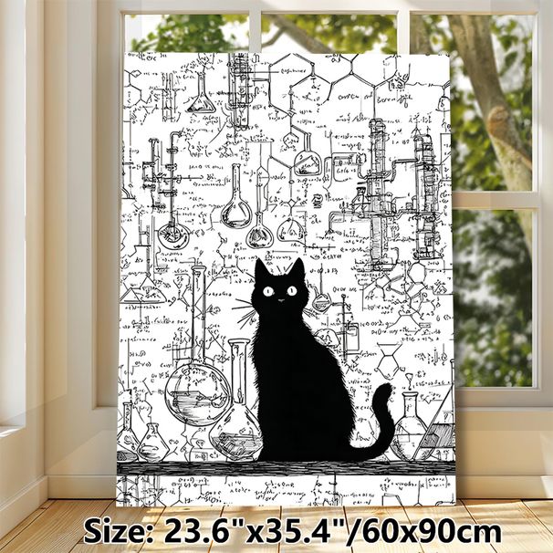Black Cat & Chemistry Lab Painting Poster, Monochrome Sketch-style Poster, Artistic Design With Lab Glassware And Chemical Formulas, Ideal For Home_maomaolike.com