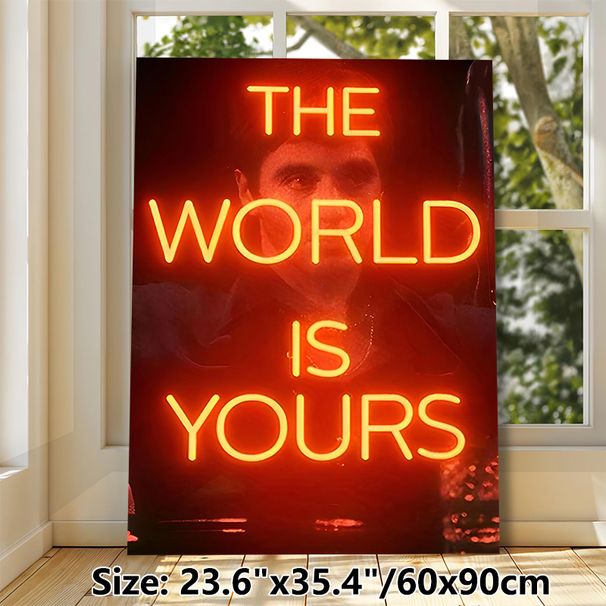 "The World Is Yours" Motivational Painting Poster, Warm Neon-style Typography With Dimmed Figure Poster, Inspiring Wall Decor For Home Office, Living_maomaolike.com