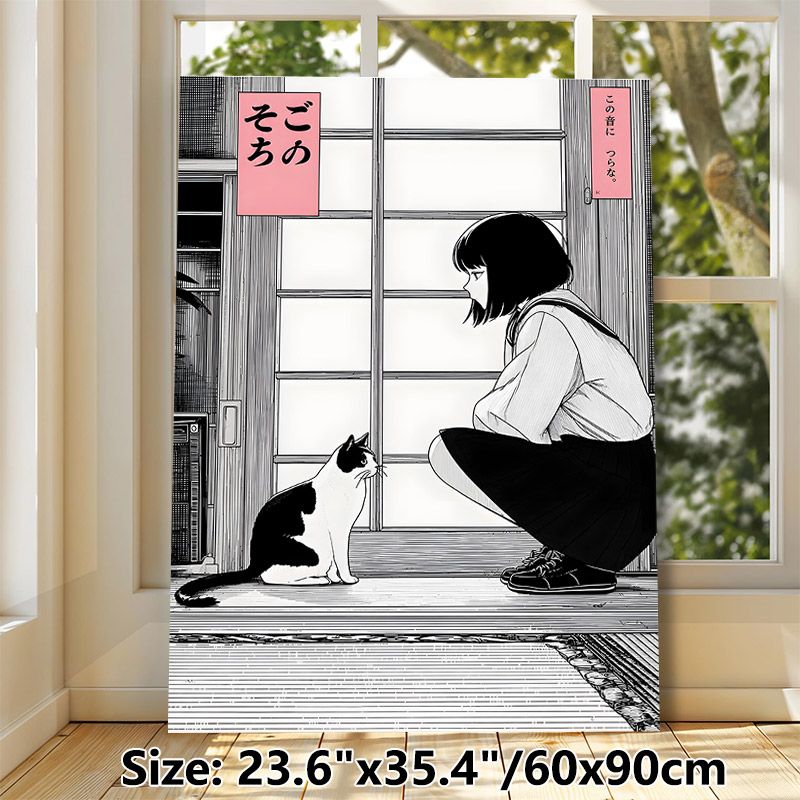 Anime Girl & Cat Painting Poster, Monochrome Japanese Manga Style Poster, Calm Indoor Scene Of Girl Interacting With Cat By Window, Suitable For_maomaolike.com