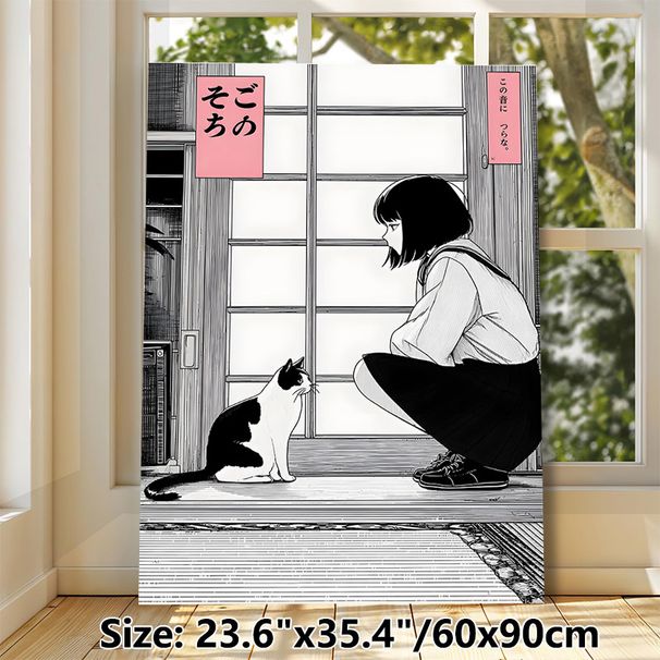 Anime Girl & Cat Painting Poster, Monochrome Japanese Manga Style Poster, Calm Indoor Scene Of Girl Interacting With Cat By Window, Suitable For_maomaolike.com
