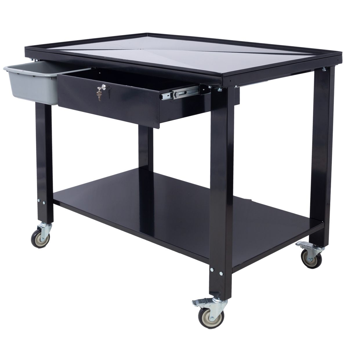 Transmission Teardown Work Station 1/2 Ton Capacity Sloping Drain Table Locking Drawer Removable Drain Basin Full-Width Lower Shelf Four 4-Inch Caster Wheels Black_maomaolike.com