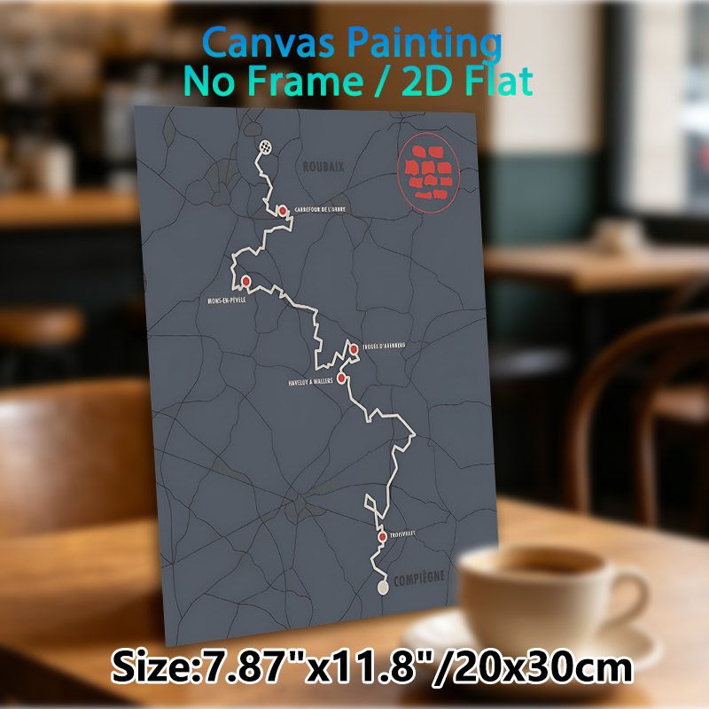 Paris-Roubaix Cycling Route Painting Poster, Minimalist Dark-toned Map With Red Highlights Poster, Clearly Presents Key Race Sections, Ideal For_maomaolike.com