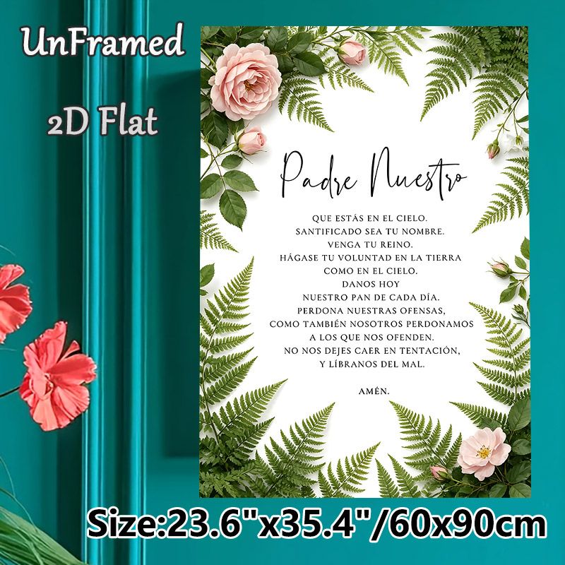 Spanish Lord's Prayer Painting Poster, Delicate Pink Rose & Fern Framed Calligraphy Poster, Calming Spiritual Wall Art Suitable For Home, Prayer Space_maomaolike.com