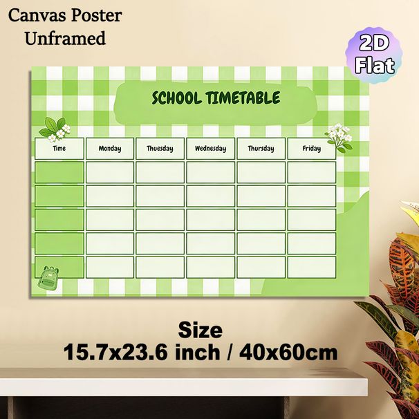 School Timetable Painting Poster, Fresh Green Gingham Style Poster, Decorative Class Schedule Layout With Floral And Backpack Details, Assists In_maomaolike.com