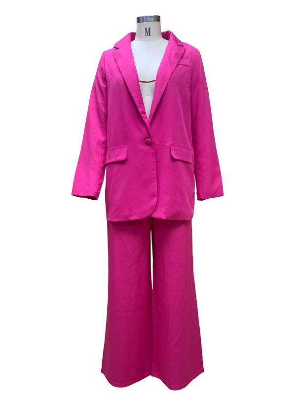 Women's Clothing Elegant Solid Color Split Sleeve Lapel Suit Pocket Straight Pants Suit_maomaolike.com