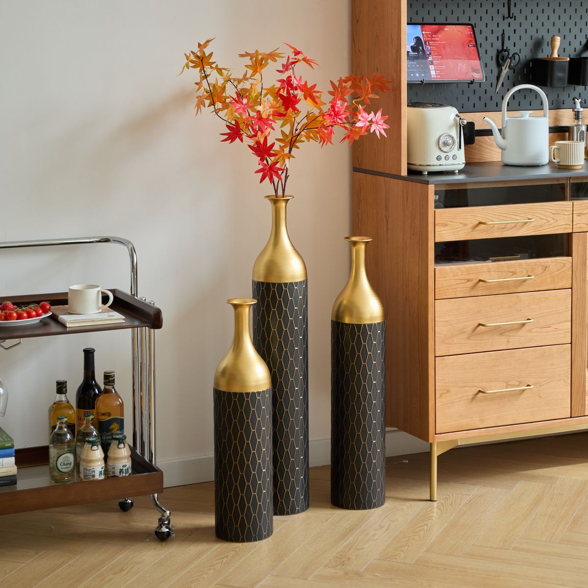 Black And Gold Metal Vase Set Of 3 Floor Vases Ideal For Mother's Day Gift Wedding Decoration Elegant Floral Display_maomaolike.com