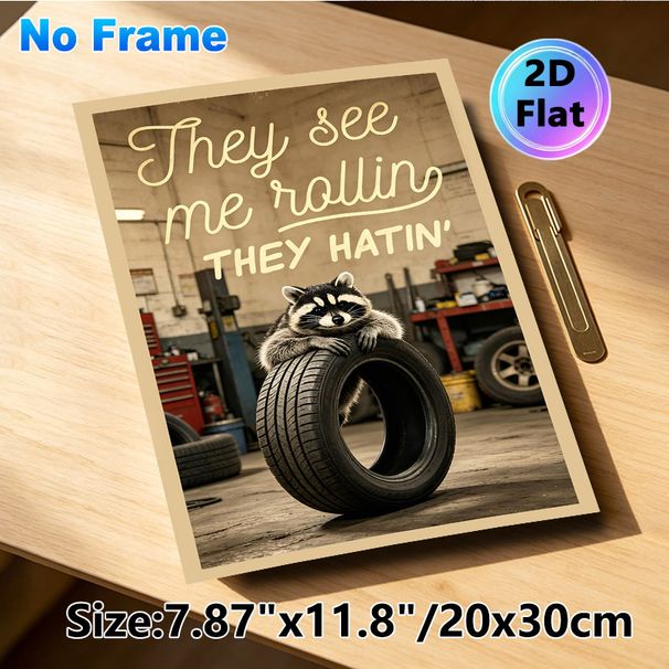 Raccoon & Tire Themed Painting Poster, Vintage Garage Style Playful Raccoon Leaning On Tire With Humorous Slogan Poster, Lighthearted Witty Decor For_maomaolike.com
