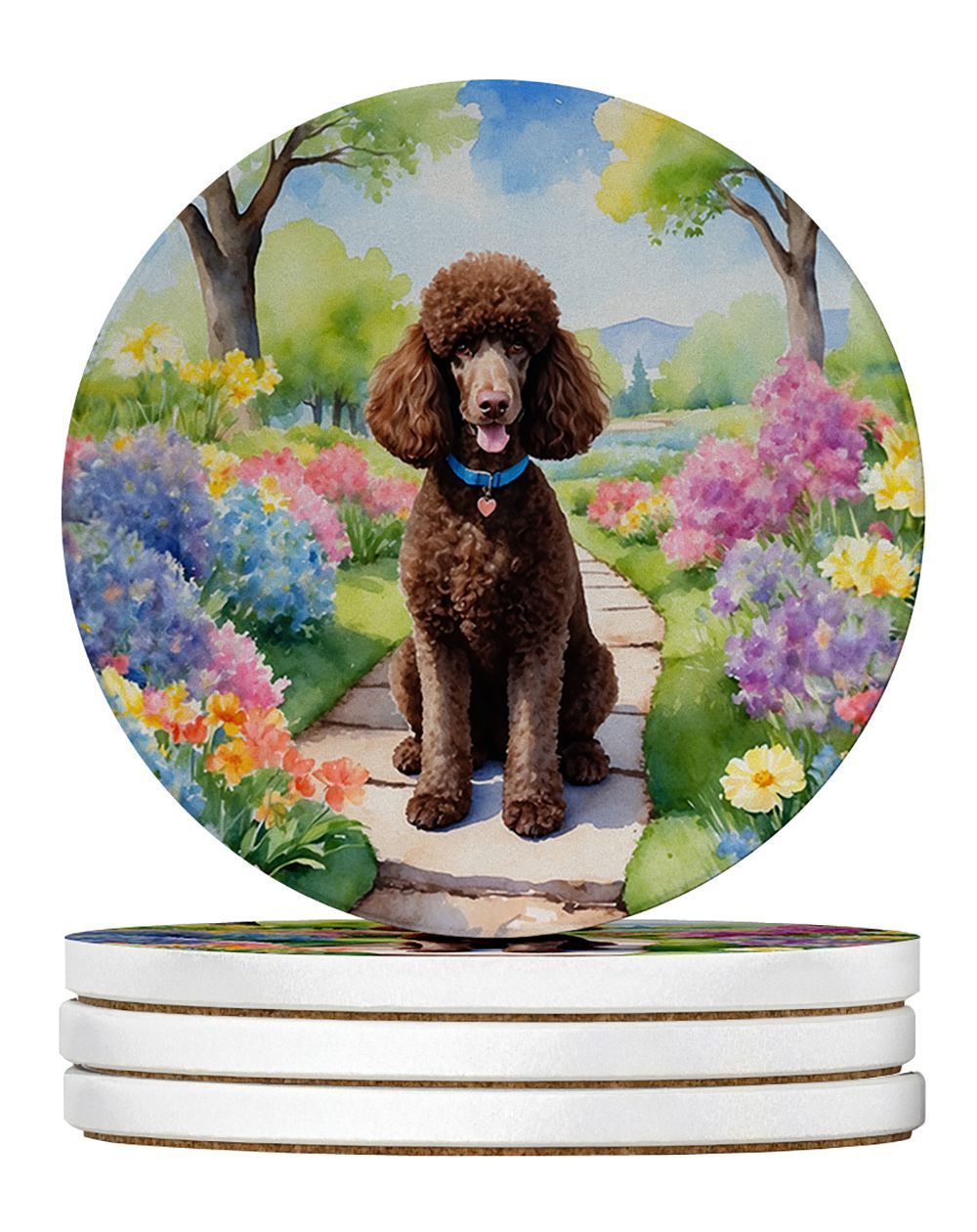 Chocolate Poodle Spring Path Large Sandstone Coasters Pack Of 4 Absorbent Round Coasters Decor Gifts For Men Or Women, 4 In, Multicolor_maomaolike.com