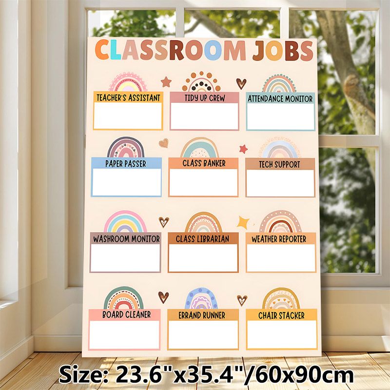 Classroom Jobs Painting Poster, Boho-style Pastel-colored Classroom Duty Chart Poster, Clear Job Slots For Organizing Class Responsibilities, Suitable_maomaolike.com