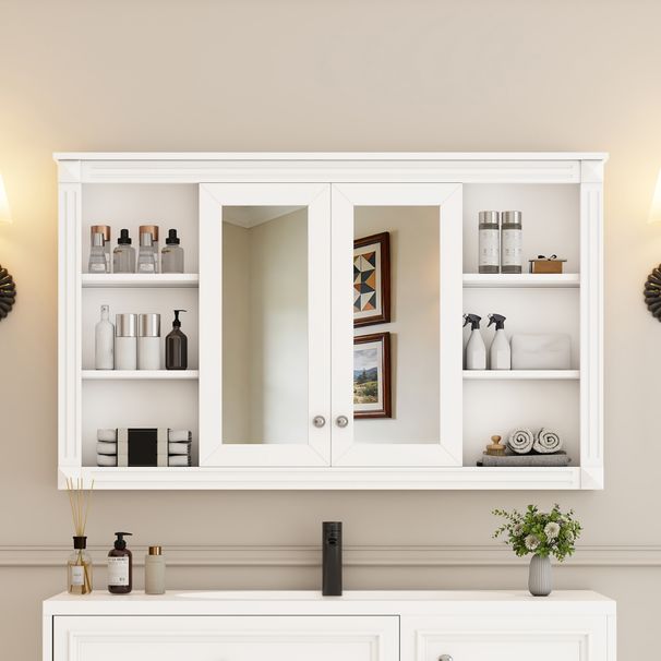 47 Inch Bathroom Mirror Cabinet With Storage, Adjustable Shelf And Open Shelves, Wall Mounted Medicine Cabinet For Bathroom, Bedroom, Vanity_maomaolike.com