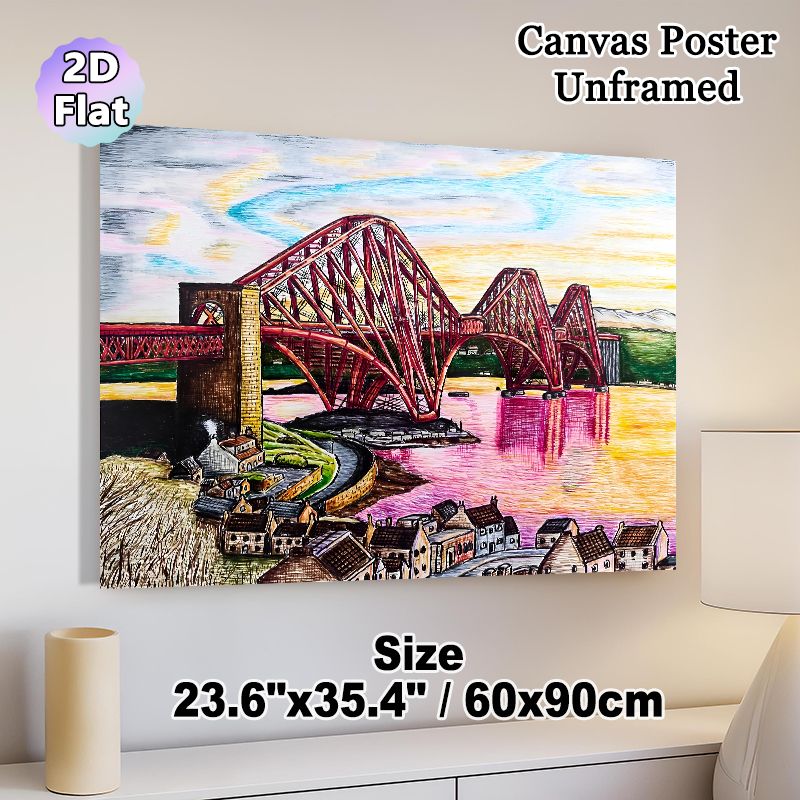 Red Steel Bridge Themed Painting Poster, Vibrant Hand-drawn Scenic Poster, Riverside Bridge With Sunset Reflection Artwork Suitable For Home And_maomaolike.com