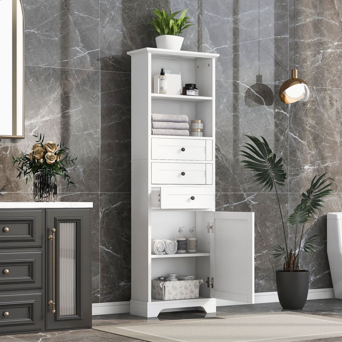 White Tall Storage Cabinet With 3 Drawers And Adjustable Shelves For Bathroom, Study, Office And Interior, MDF Board With Painted Finish_maomaolike.com