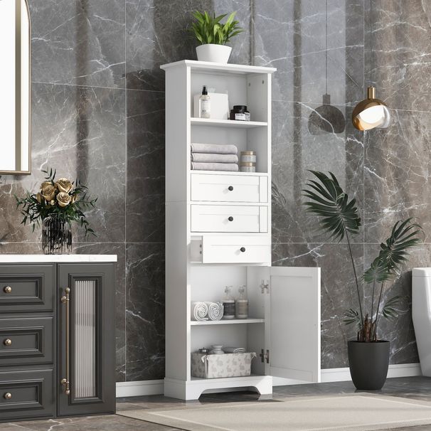 White Tall Storage Cabinet With 3 Drawers And Adjustable Shelves For Bathroom, Study, Office And Interior, MDF Board With Painted Finish_maomaolike.com