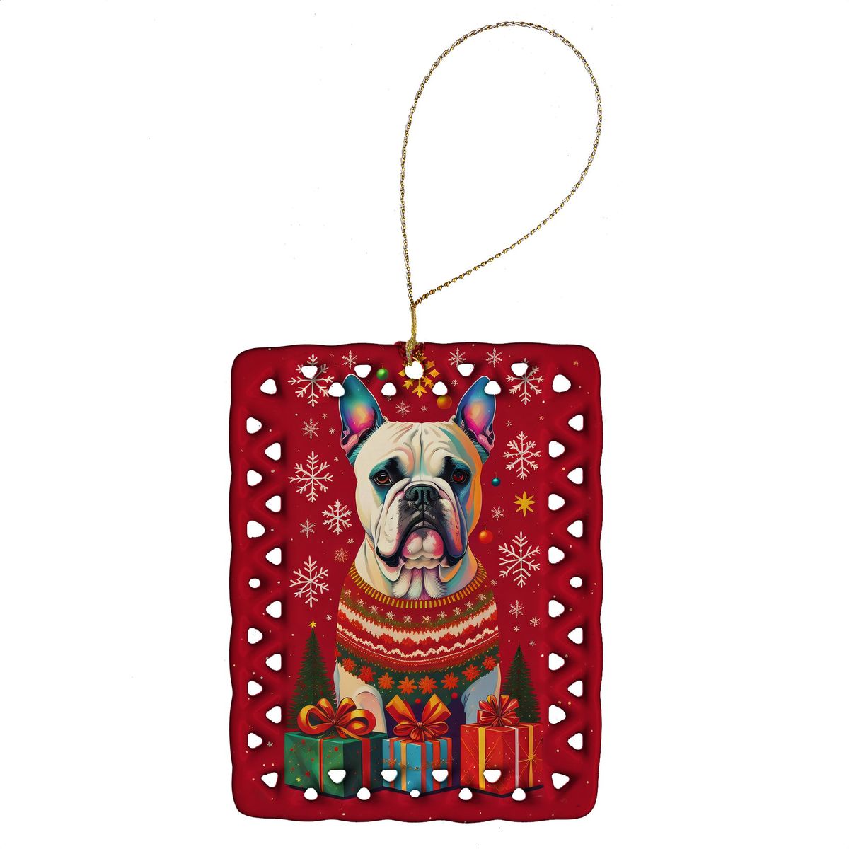 White Boxer Cropped Ears Holiday Christmas Porcelain Ornament Christmas Tree Hanging Decorations For Home Christmas Holiday, Rectangle, Gift, Multicolor_maomaolike.com