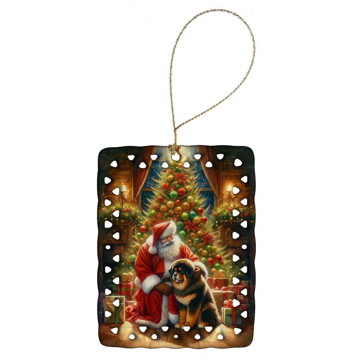 Tibetan Mastiff And Santa Claus Porcelain Ornament Christmas Tree Hanging Decorations For Home Christmas Holiday, Rectangle, Gift, Multicolor_maomaolike.com