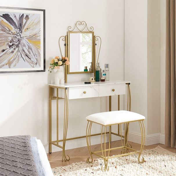 Vanity Table Set With Mirror & Stool,White Makeup Dressing Desk With Drawers For Girls,Women,Bedroom,Gift_maomaolike.com