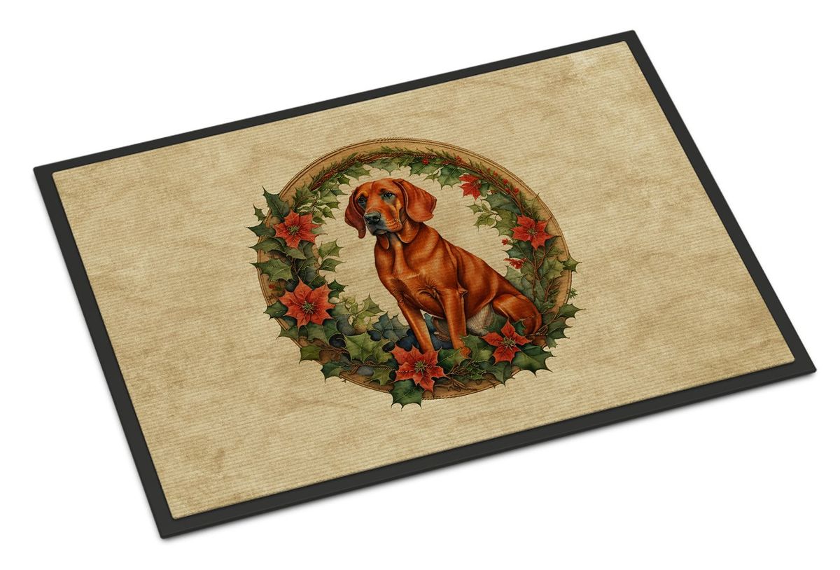 Red Redbone Coonhound Christmas Flowers Doormat Front Door Mat Indoor Outdoor Rugs For Entryway, Non Slip Washable Low Pile, 24H X 36W_maomaolike.com