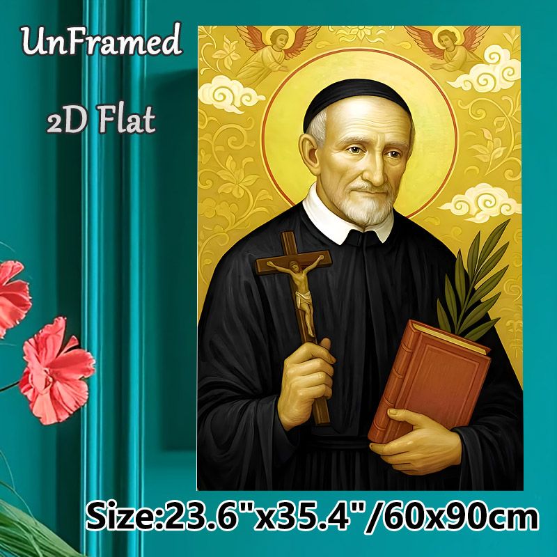 Catholic Saint Religious Painting Poster, Gilded Traditional Icon-style Poster, Reverent Religious Artwork With Saint, Cross, Book And Angel Elements_maomaolike.com