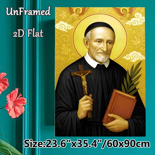 Catholic Saint Religious Painting Poster, Gilded Traditional Icon-style Poster, Reverent Religious Artwork With Saint, Cross, Book And Angel Elements_maomaolike.com