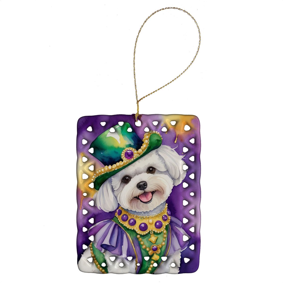 Bichon Frise King Of Mardi Gras Porcelain Ornament Christmas Tree Hanging Decorations For Home Christmas Holiday, Rectangle, Gift, Multicolor_maomaolike.com