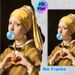 Modernized Girl With A Pearl Earring Painting Poster, Whimsical Reimagined Classic Art Poster, Playful Bubble Gum Blowing & Heart Gesture Design_maomaolike.com