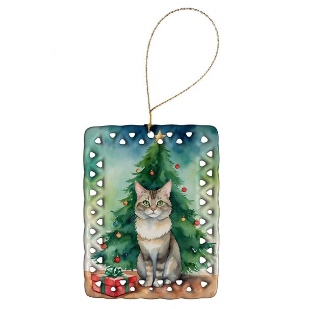 Dwelf Cat By The Christmas Tree Porcelain Ornament Christmas Tree Hanging Decorations For Home Christmas Holiday, Rectangle, Gift, Multicolor_maomaolike.com