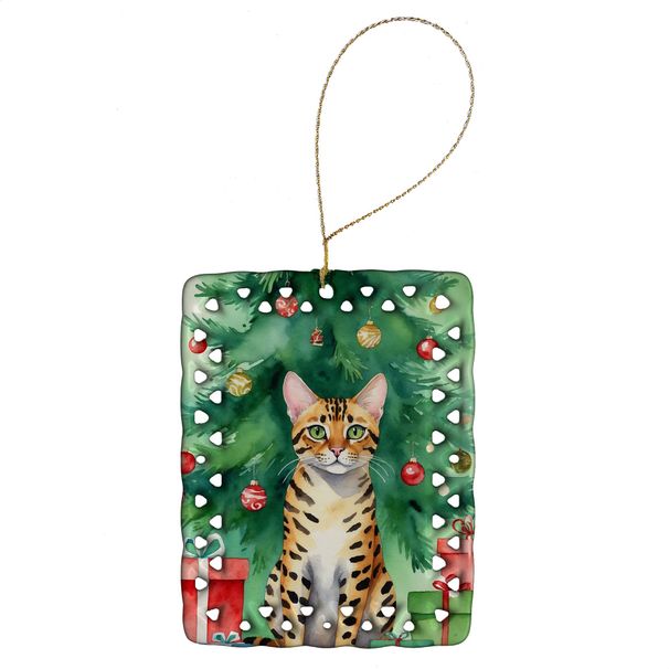 Bengal Cat By The Christmas Tree Porcelain Ornament Christmas Tree Hanging Decorations For Home Christmas Holiday, Rectangle, Gift, Multicolor_maomaolike.com
