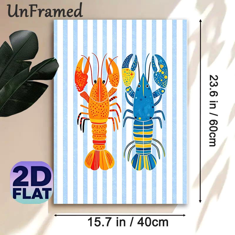 Crayfish Themed Painting Poster, Vibrant Colorful Orange & Blue Crayfish With Striped Backdrop Poster, Playful Coastal-style Decor, Ideal For Kitchen_maomaolike.com