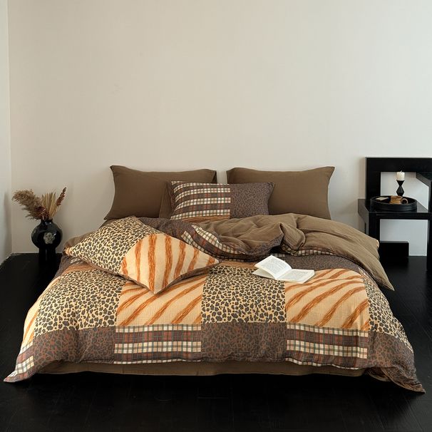 Geometric Leopard Print Plaid All-cotton Crinkled Gauze Bedding Four-piece Set, Available In Bed And Fitted Sheet_maomaolike.com