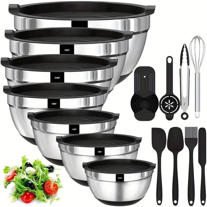 20 Mixing Bowls With Sealed Lids, 304 Stainless Steel Metal Set Bowls, Anti Slip Colored Silicone Bottom, Sizes 7, 3.5, 2.5, 2.0, 1.5, 1, 0.67QT, Perfect For Mixing, Baking, And Service_maomaolike.com