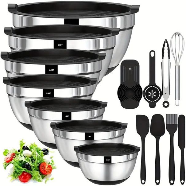 20 Mixing Bowls With Sealed Lids, 304 Stainless Steel Metal Set Bowls, Anti Slip Colored Silicone Bottom, Sizes 7, 3.5, 2.5, 2.0, 1.5, 1, 0.67QT, Perfect For Mixing, Baking, And Service_maomaolike.com