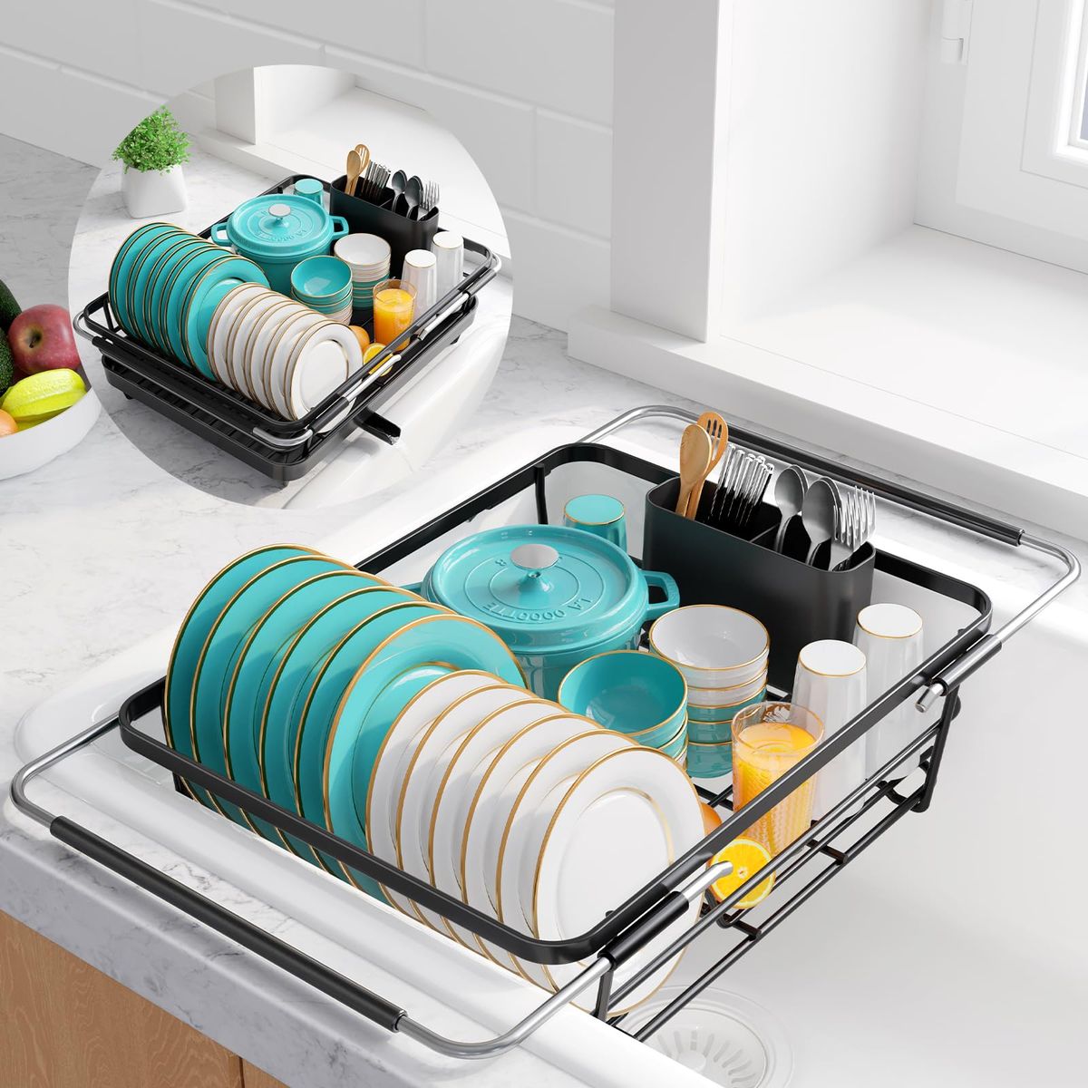 Sakugi Dish Drying Rack - Stainless Steel Dish Rack With Drainboard For Kitchen Counter And Sink, 15.6" D X 12" W X 5" H, Black_maomaolike.com