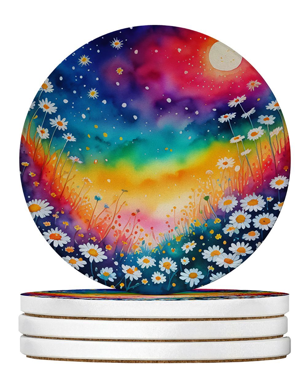 Colorful Daisies Large Sandstone Coasters Pack Of 4 Absorbent Round Coasters Decor Gifts For Men Or Women, 4 In, Multicolor_maomaolike.com