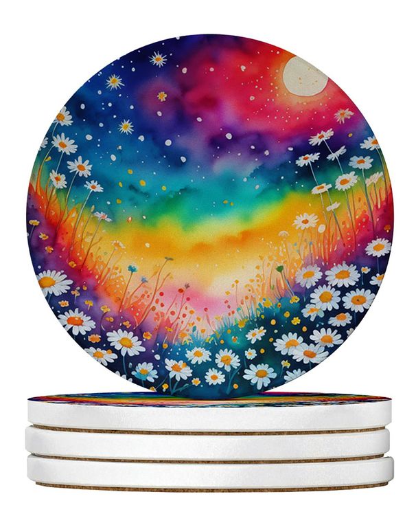 Colorful Daisies Large Sandstone Coasters Pack Of 4 Absorbent Round Coasters Decor Gifts For Men Or Women, 4 In, Multicolor_maomaolike.com