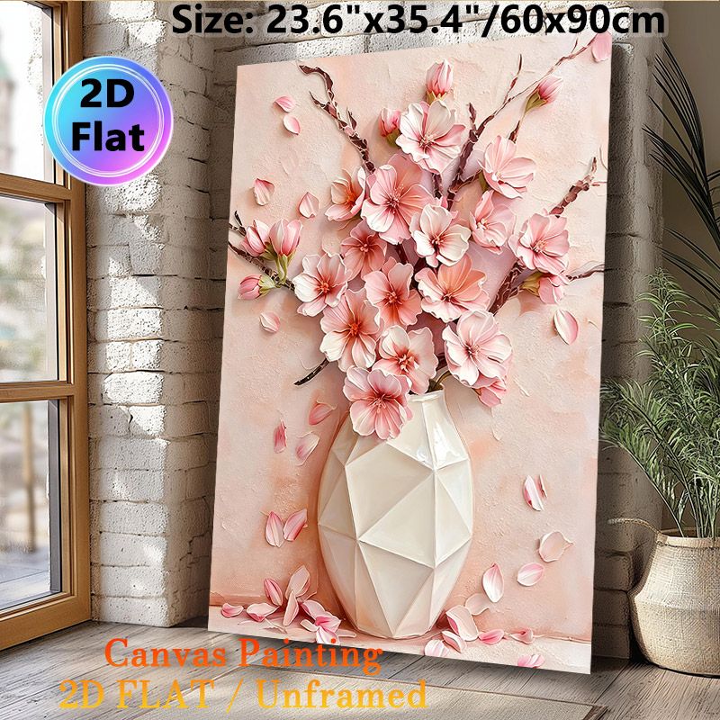 Pink Floral Vase Painting Poster, Soft-hued Textured Oil Style Poster, Delicate Elegant Floral Artwork Ideal For Living Room, Bedroom_maomaolike.com