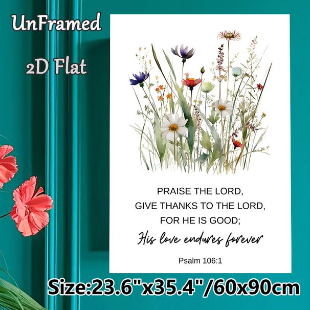 Bible Verse Wildflower Painting Poster, Soft Watercolor Delicate Wildflower & Psalm 106:1 Text Poster, Serene Inspirational Decor For Living Room_maomaolike.com