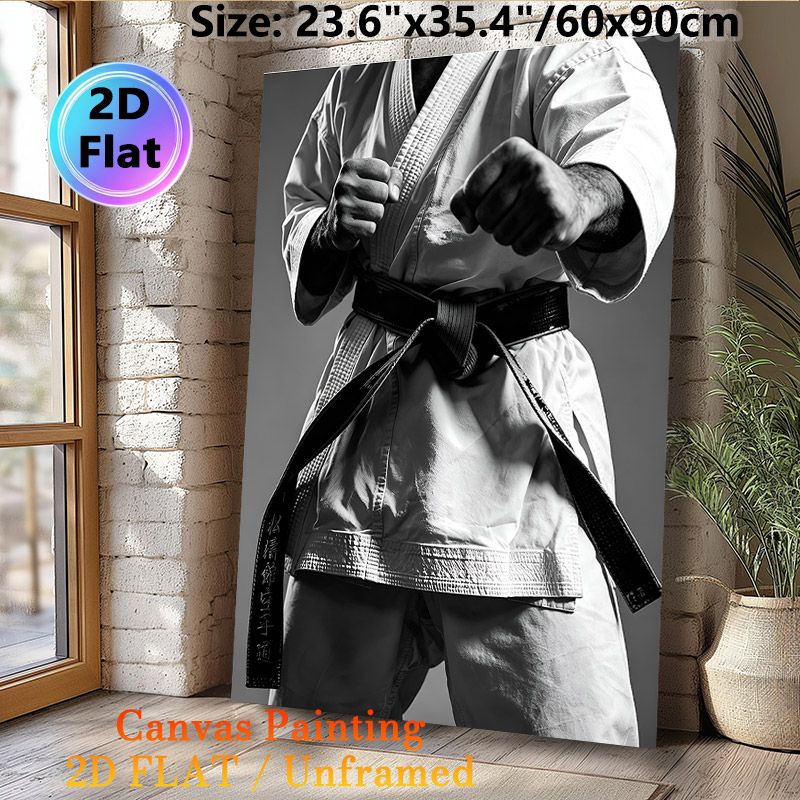 Karate Themed Painting Poster, Monochrome Black Belt Karate Practitioner Fist Stance Poster, Motivational Martial Arts Wall Art For Home Gym, Dojo_maomaolike.com