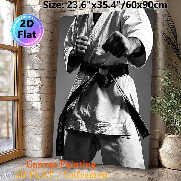 Karate Themed Painting Poster, Monochrome Black Belt Karate Practitioner Fist Stance Poster, Motivational Martial Arts Wall Art For Home Gym, Dojo_maomaolike.com