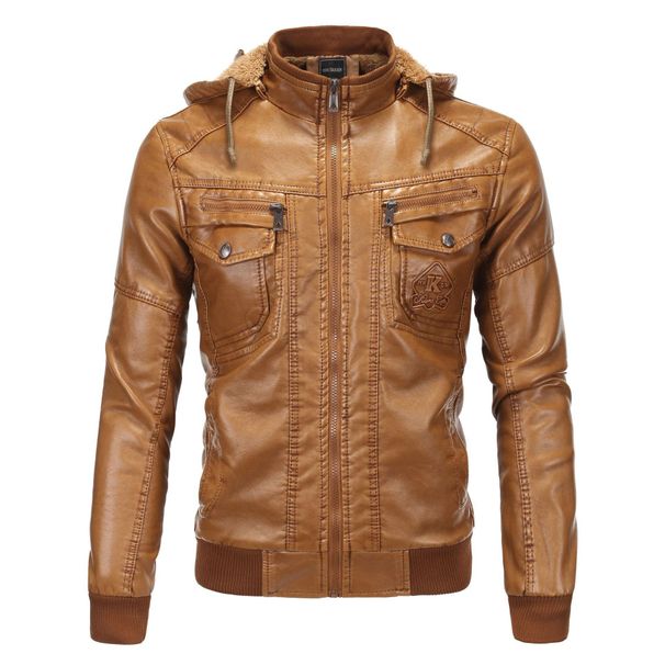 2023 European size men's leather jacket washed leather hooded leather jacket plus velvet warm leather jacket large size men's jacket 1603_maomaolike.com