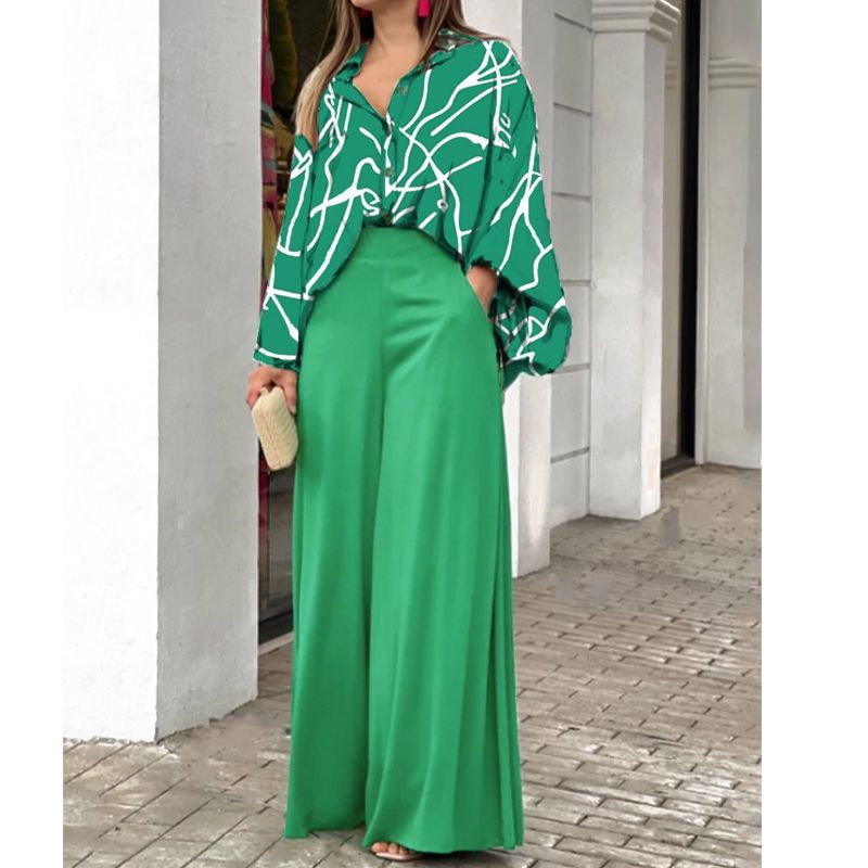 Women's New Fashion Suit Large Size Women's Lapel Shirt Printed High Waist Wide Leg Pants Two-piece Set_maomaolike.com