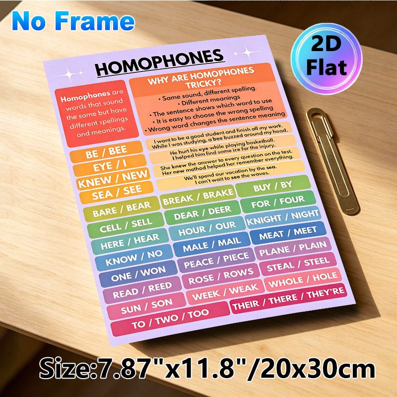 Homophones Educational Painting Poster, Vibrant Color-coded Informative Poster, Clear Homophone Examples To Boost English Language Proficiency, Ideal_maomaolike.com