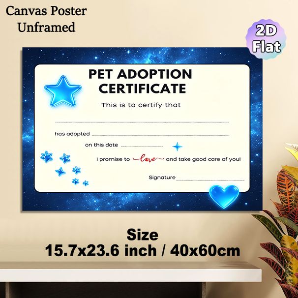 Pet Adoption Certificate Painting Poster, Starry Blue Decorative Certificate-style Poster, Warm Formal Document For Pet Adoption Records, Ideal For_maomaolike.com