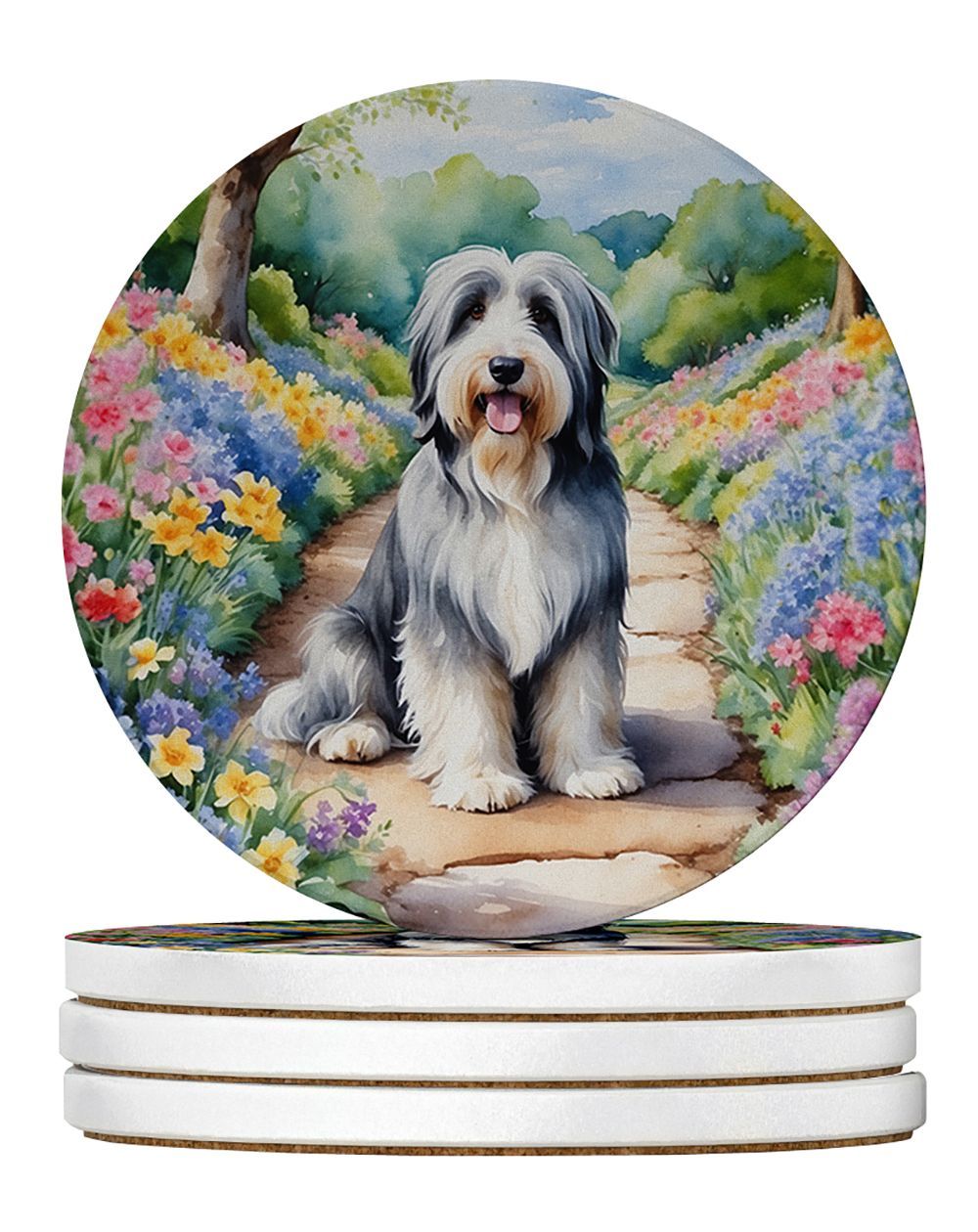 Bearded Collie Spring Garden Large Sandstone Coasters Pack Of 4 Absorbent Round Coasters Decor Gifts For Men Or Women, 4 In, Multicolor_maomaolike.com