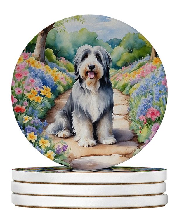 Bearded Collie Spring Garden Large Sandstone Coasters Pack Of 4 Absorbent Round Coasters Decor Gifts For Men Or Women, 4 In, Multicolor_maomaolike.com