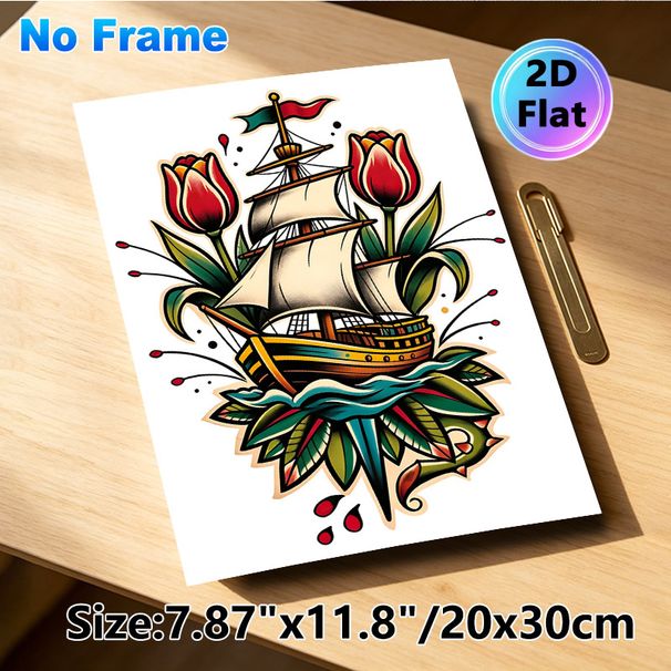 Sailboat & Tulip Themed Painting Poster, Vibrant Traditional Tattoo-style Poster, Artistic Design Featuring Sailboat, Red Tulips And Anchor, Suitable_maomaolike.com