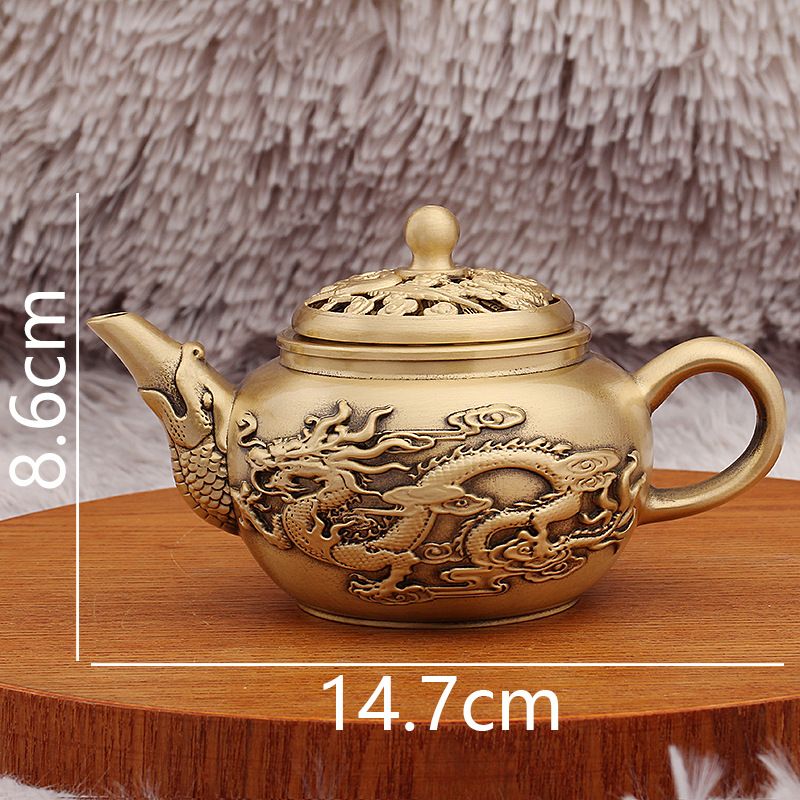 Brass Dragon And Phoenix Small Office Home Retro Fish Mouth Spout Rotating Teapot Stress Relief Artifact Metal Craft_maomaolike.com