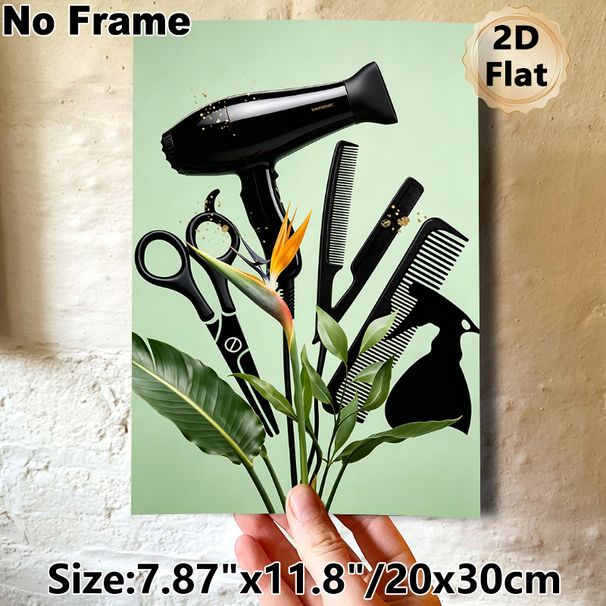 Hairdressing Tools & Bird Of Paradise Themed Painting Poster, Sleek Black Salon Supplies With Tropical Floral Poster, Stylish Artistic Decor Ideal For_maomaolike.com
