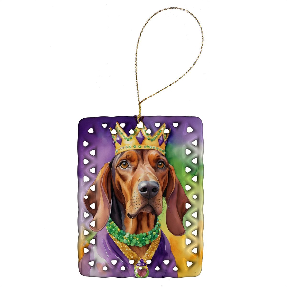 Redbone Coonhound King Of Mardi Gras Porcelain Ornament Christmas Tree Hanging Decorations For Home Christmas Holiday, Rectangle, Gift, Multicolor_maomaolike.com
